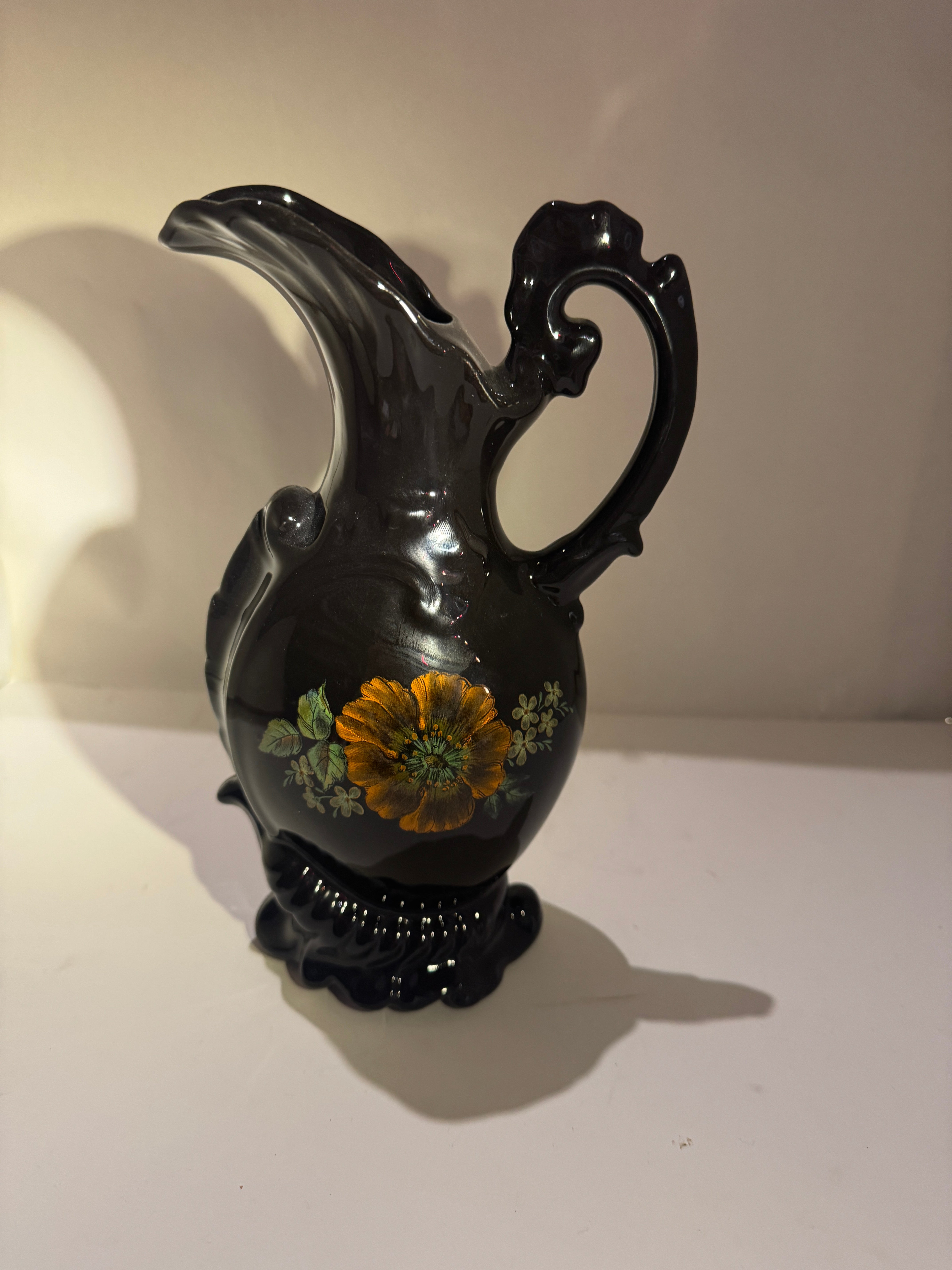 Vintage Black Water Pitcher w/ Floral Motif