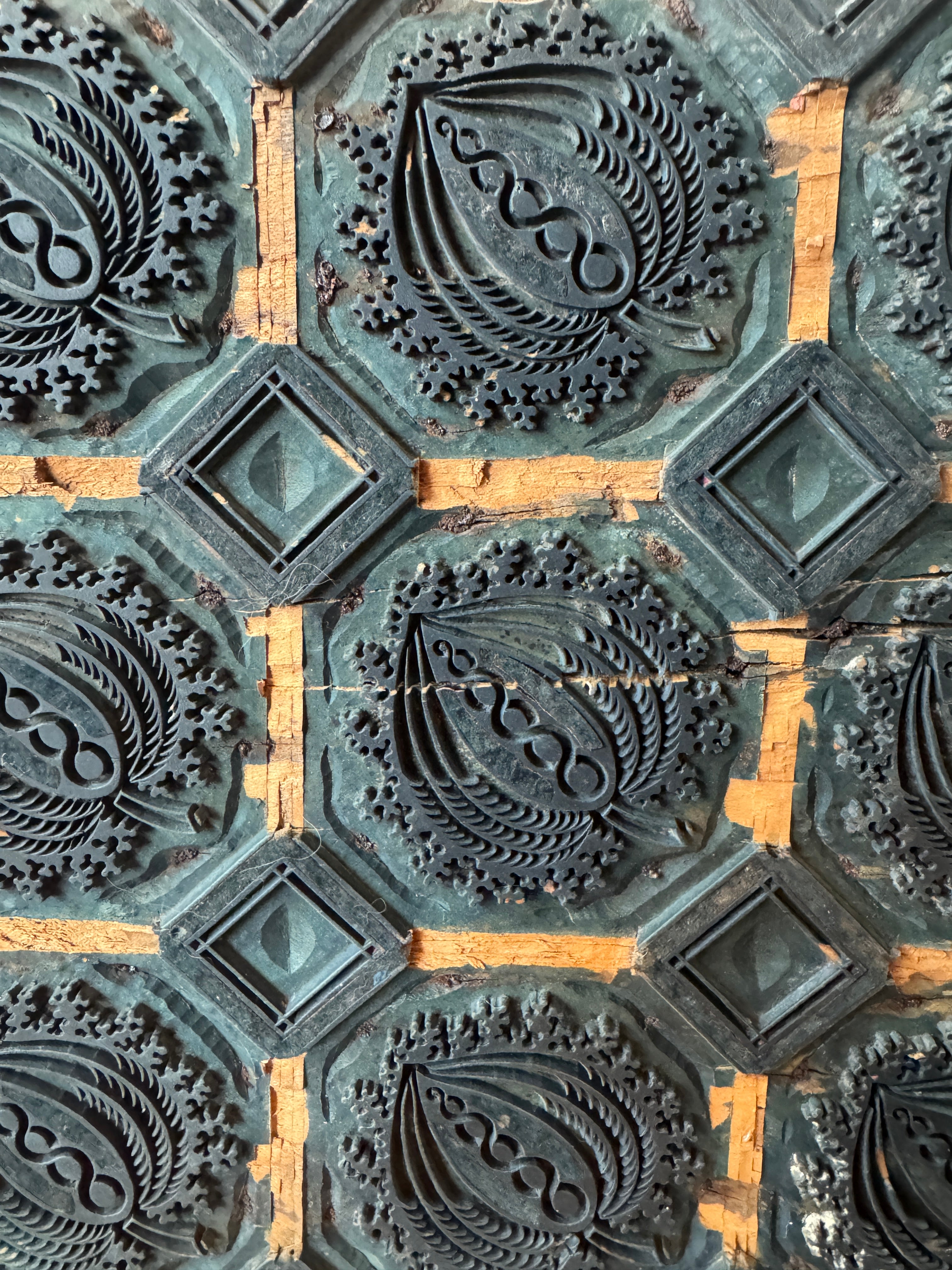 Early 1900s Wooden Textile Printing Block w/ Square Motif