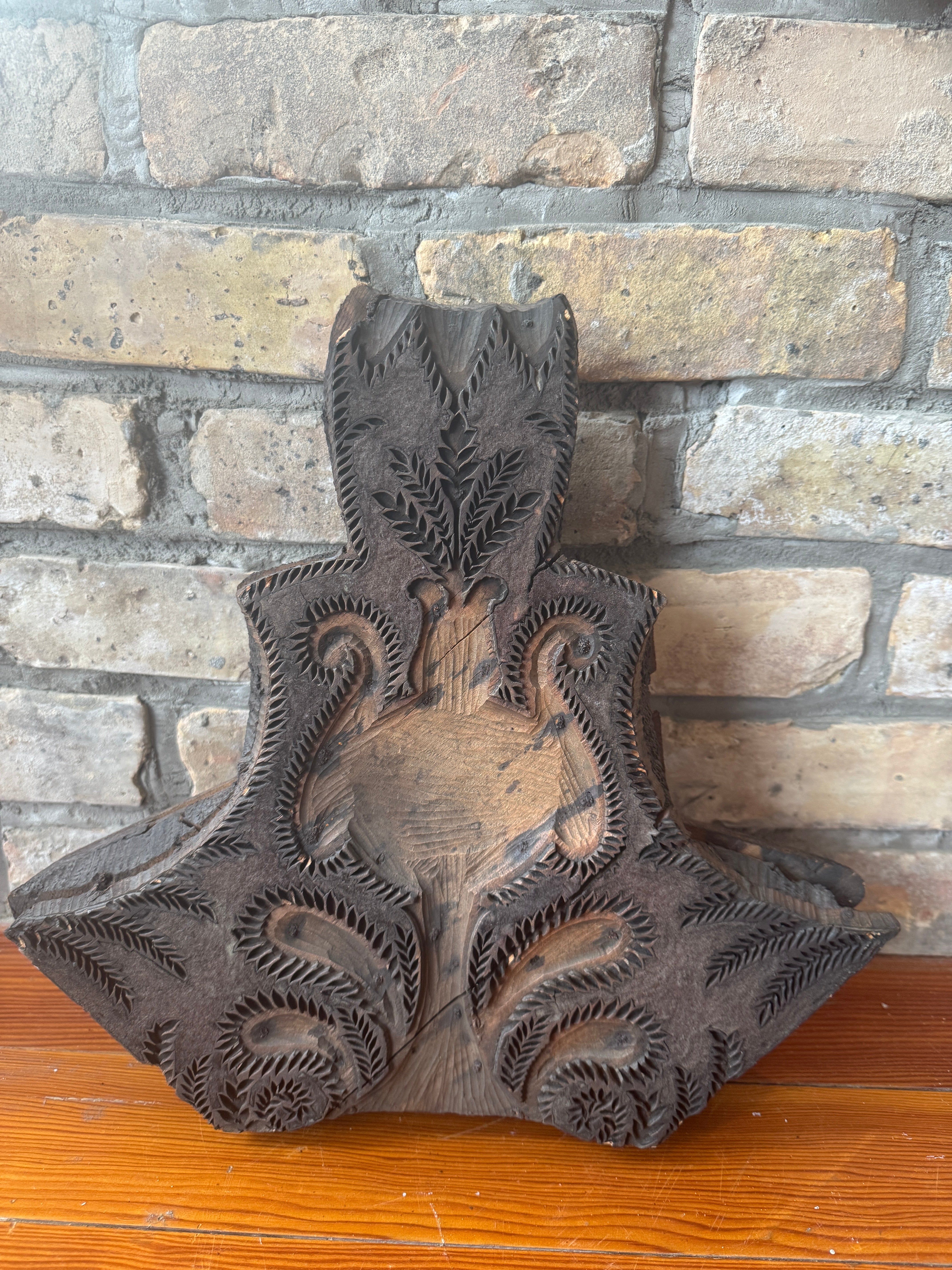 Early 1900s Wooden Textile Printing Block w/ Greenery Motif