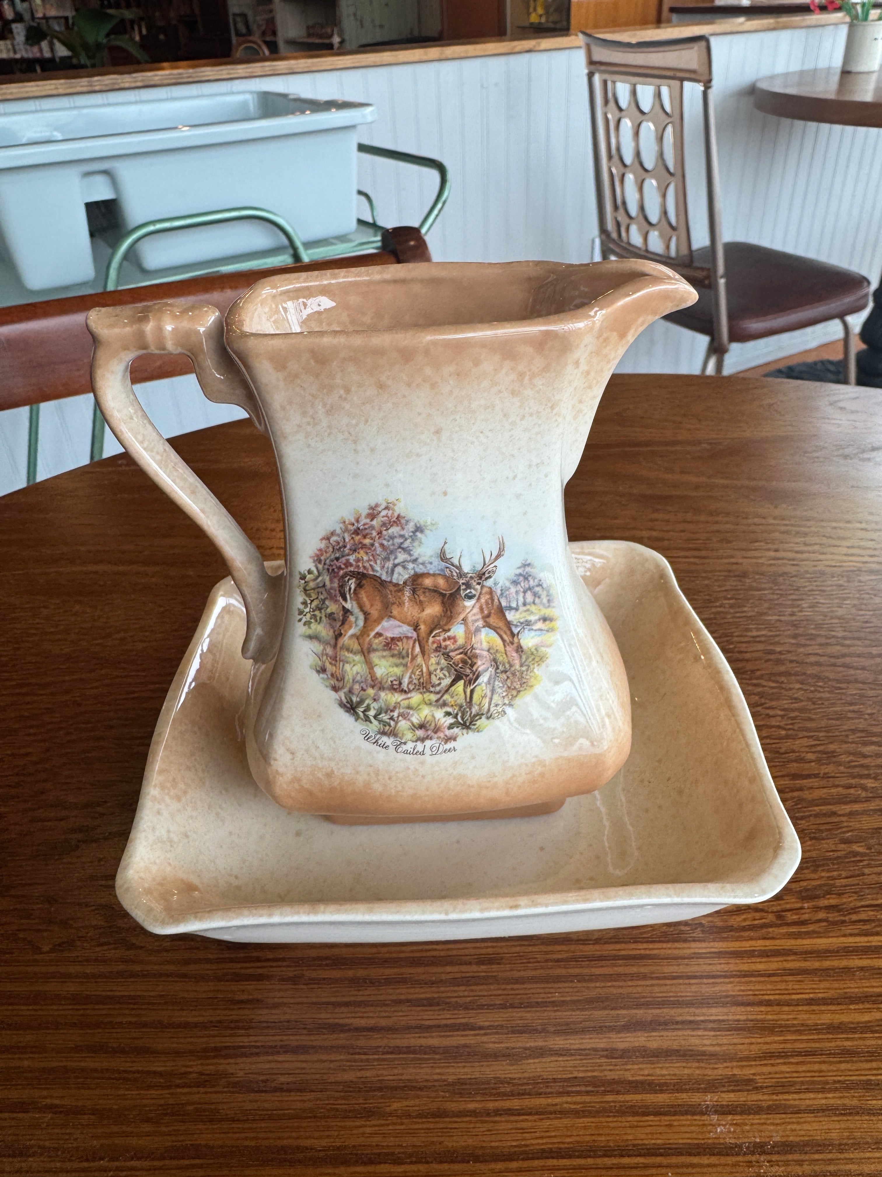 1984 Hand-Painted Deer Pitcher & Bowl