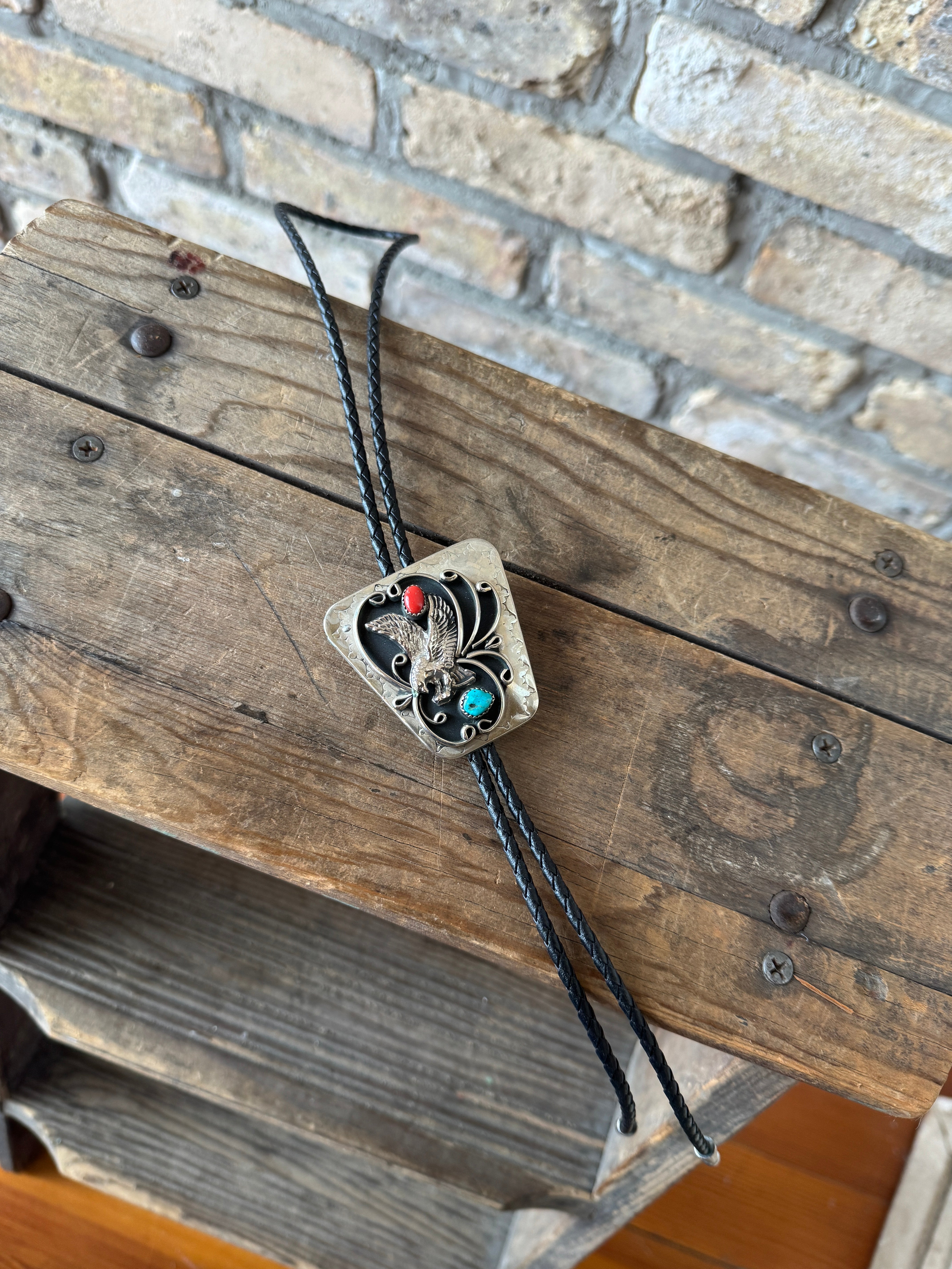 Western American Eagle Bolo w/ Turquoise and Coral Stones