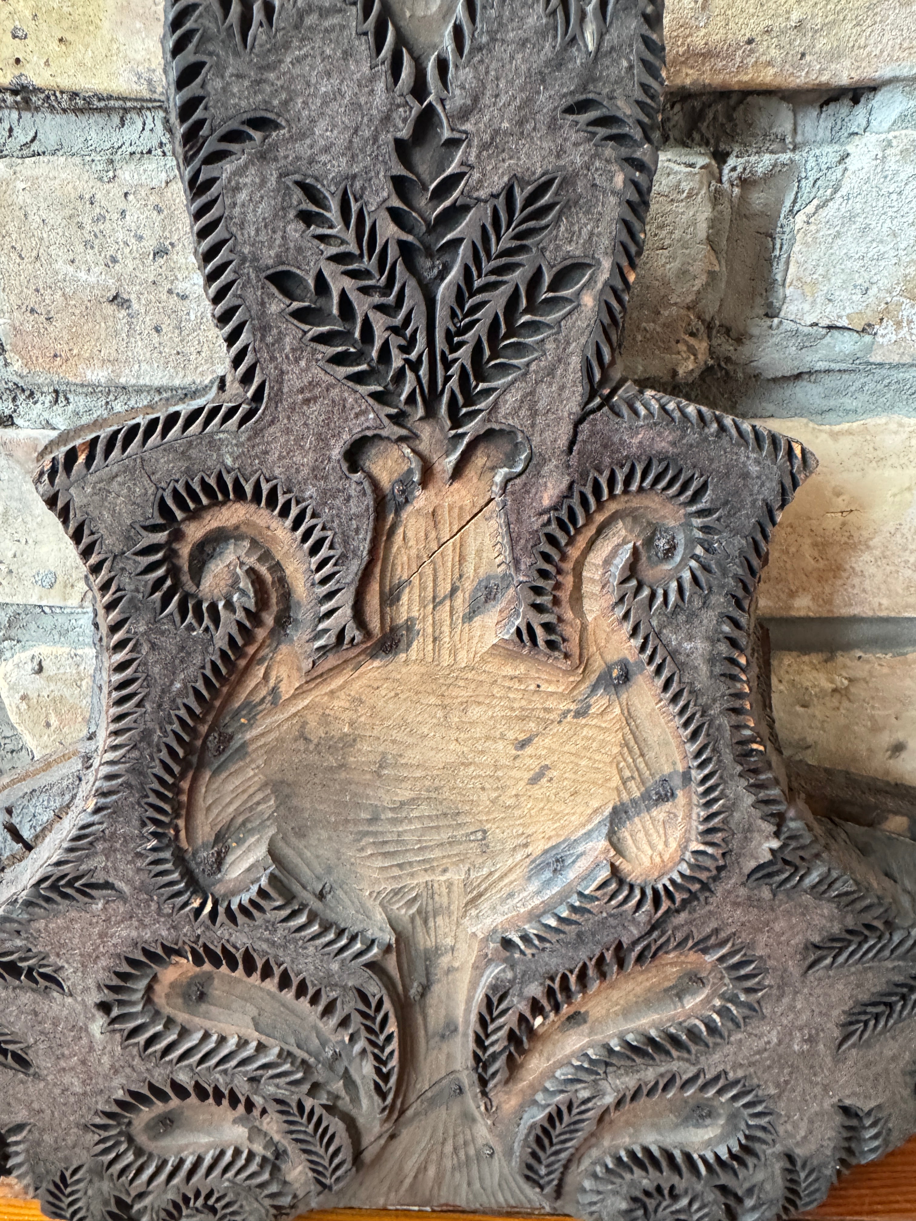 Early 1900s Wooden Textile Printing Block w/ Greenery Motif