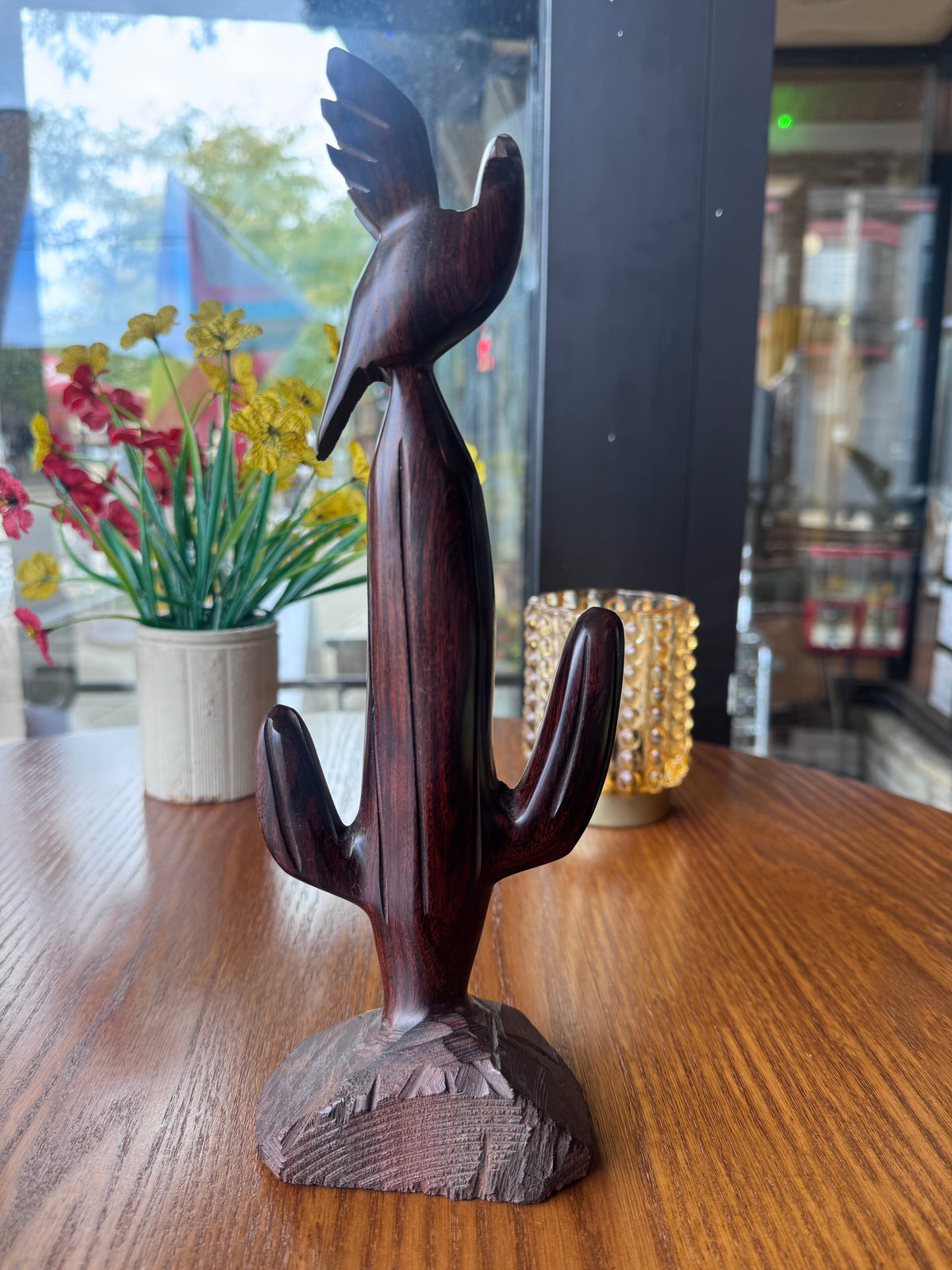 Southwestern Carved Wood Bird & Cactus