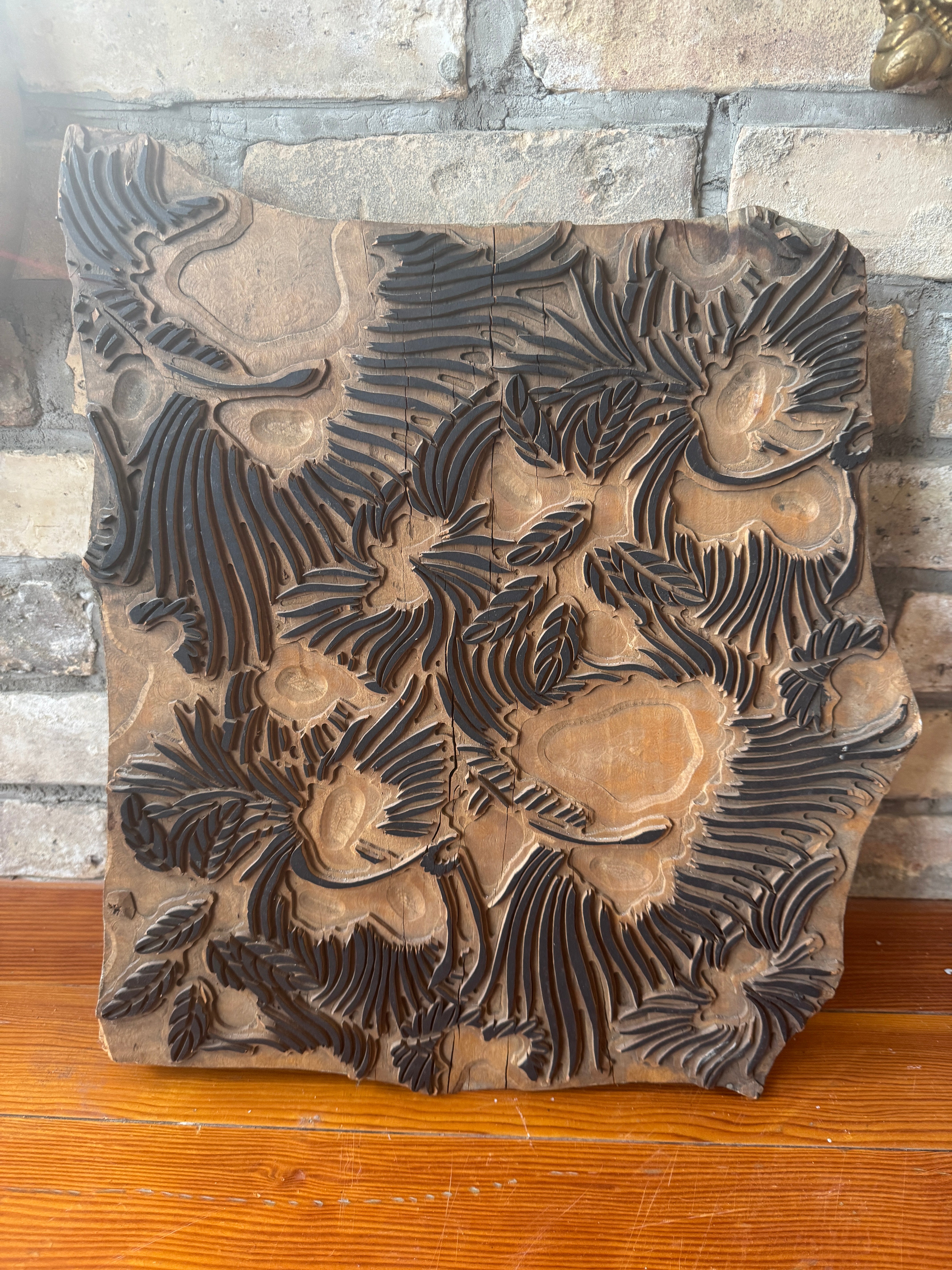 Early 1900s Wooden Textile Printing Block w/ Swoosh Motif