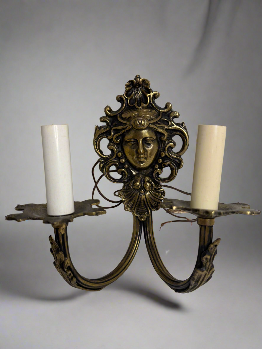 Vintage Brass Maiden Wall Sconces (Set)