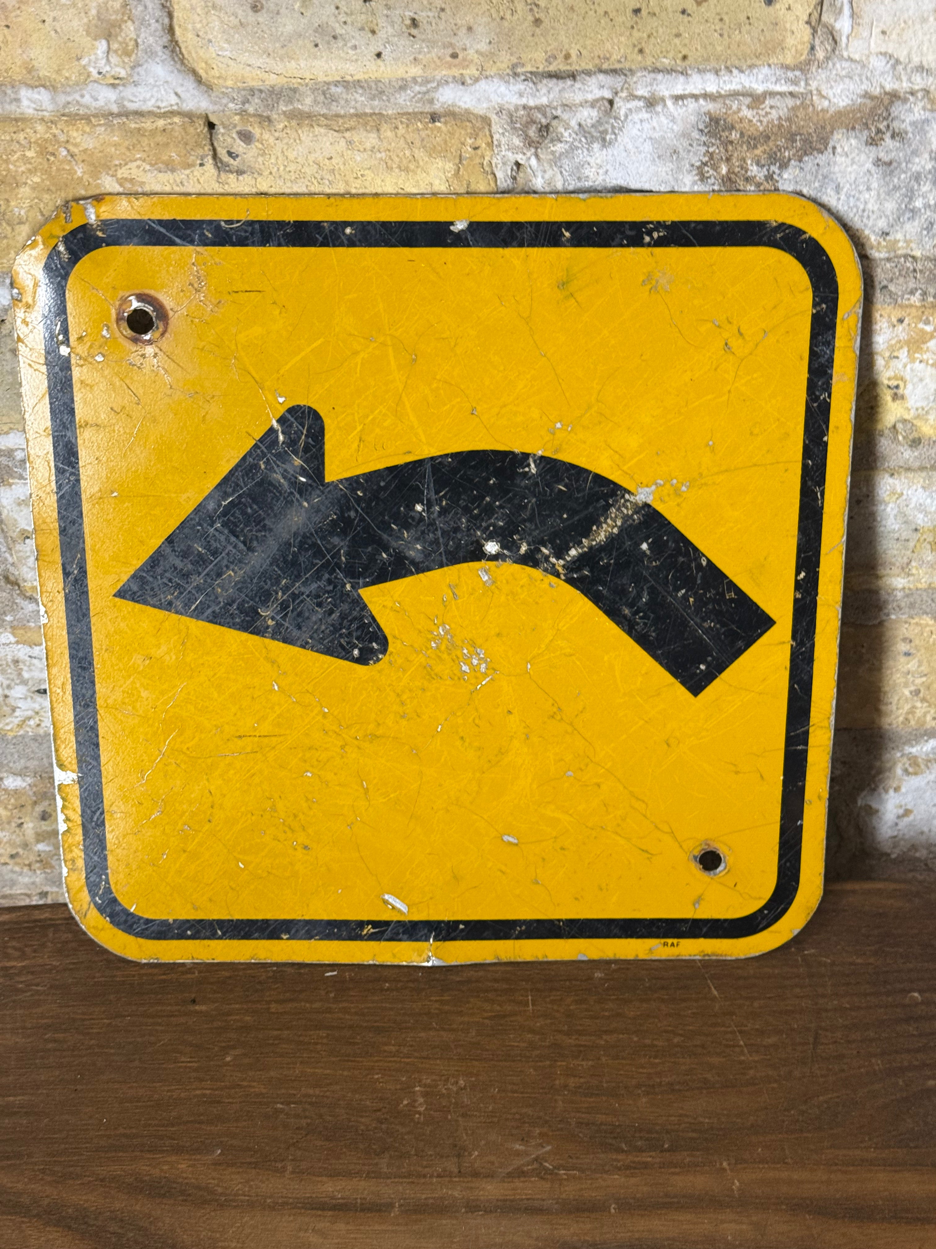 Vintage Left Curve Ahead Metal Road Sign