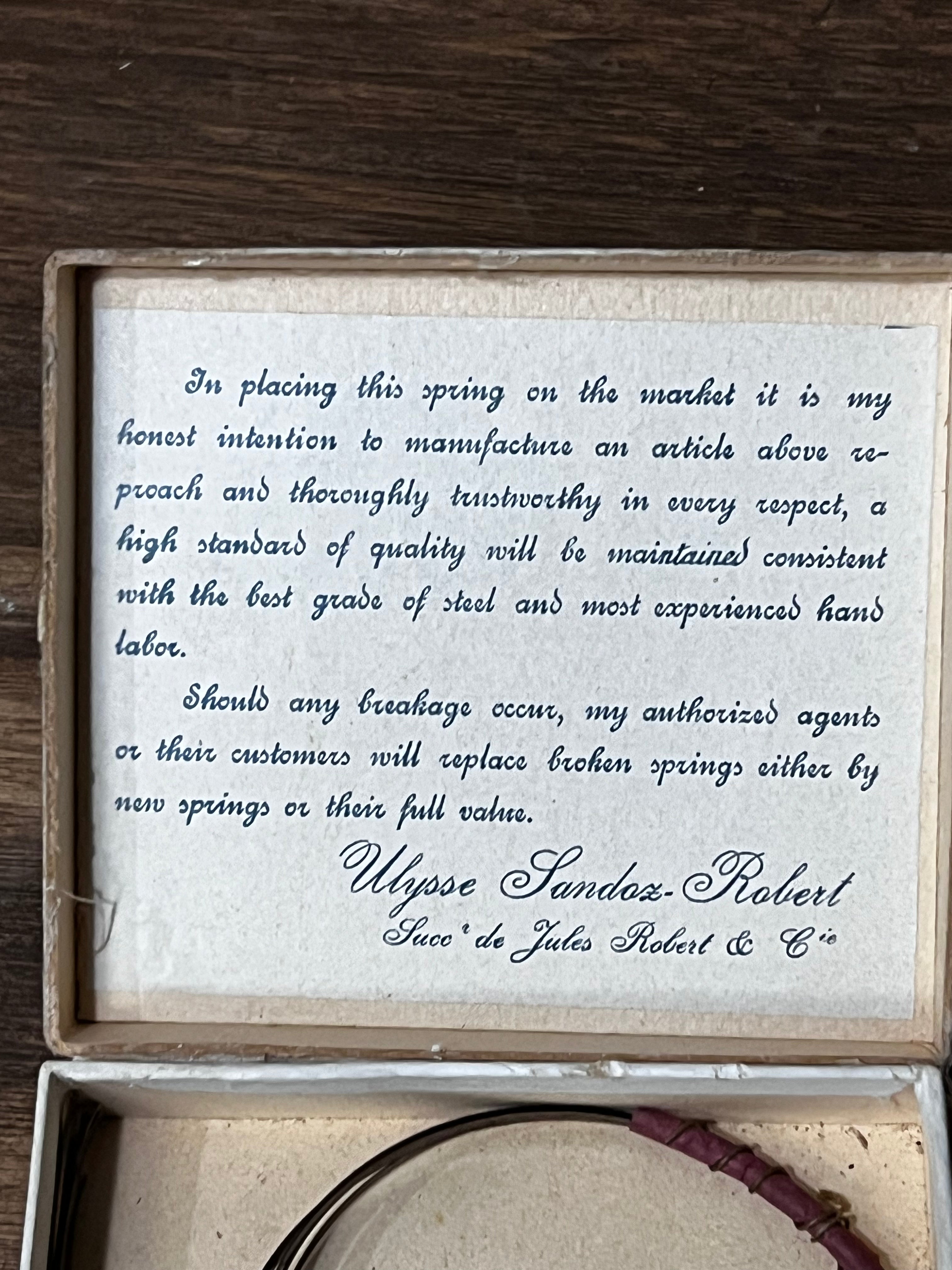 Vintage Watch Mainspring Made by Ulysse Sandoz Robert - Switzerland