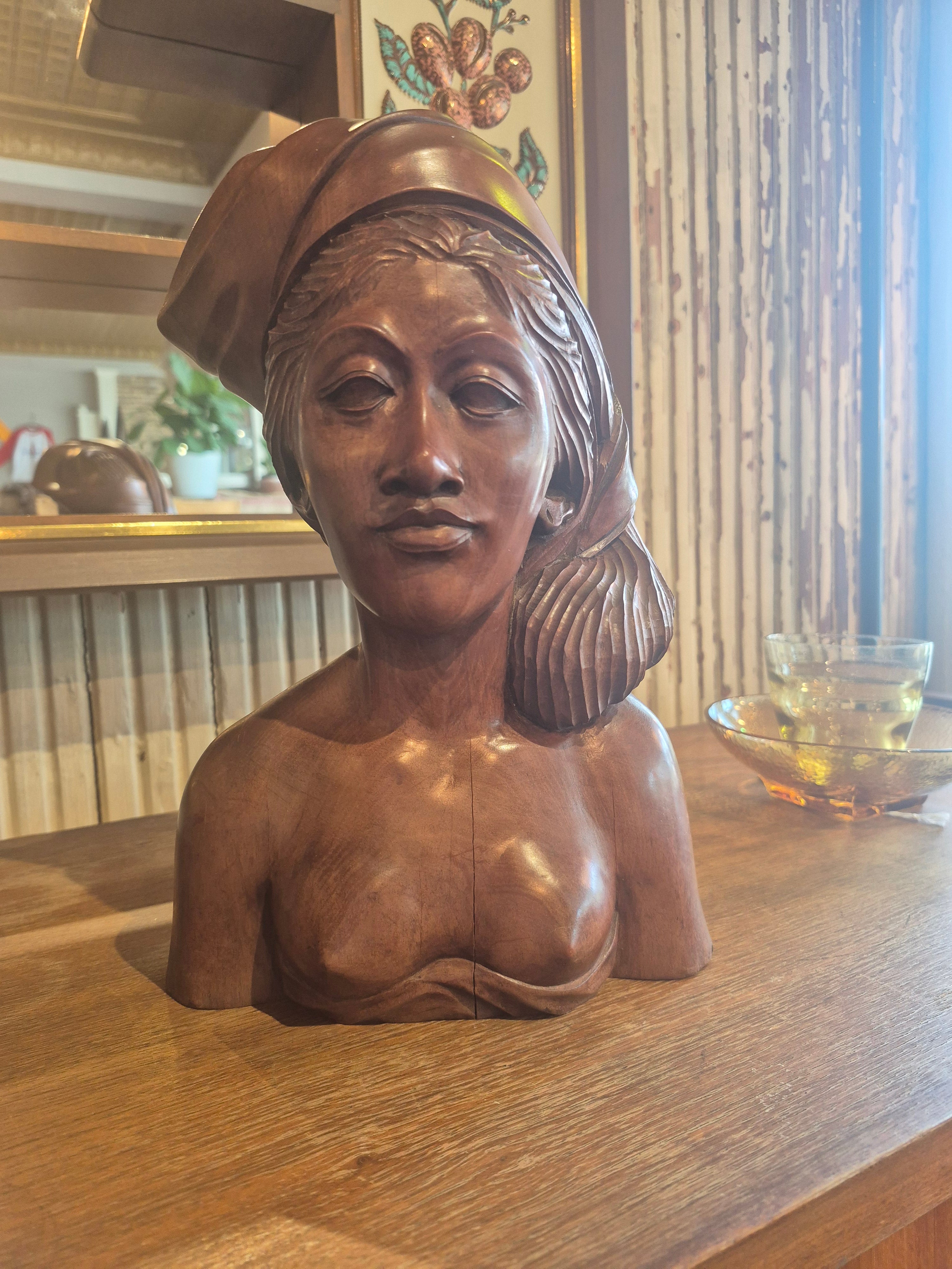 Handcarved female bust from Bali (sold as a set with male bust)
