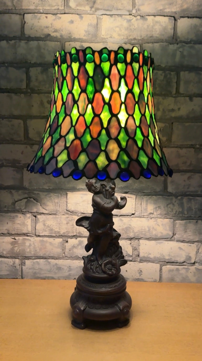 Cast Iron Lamp with Tiffany-style Stained Glass Shade