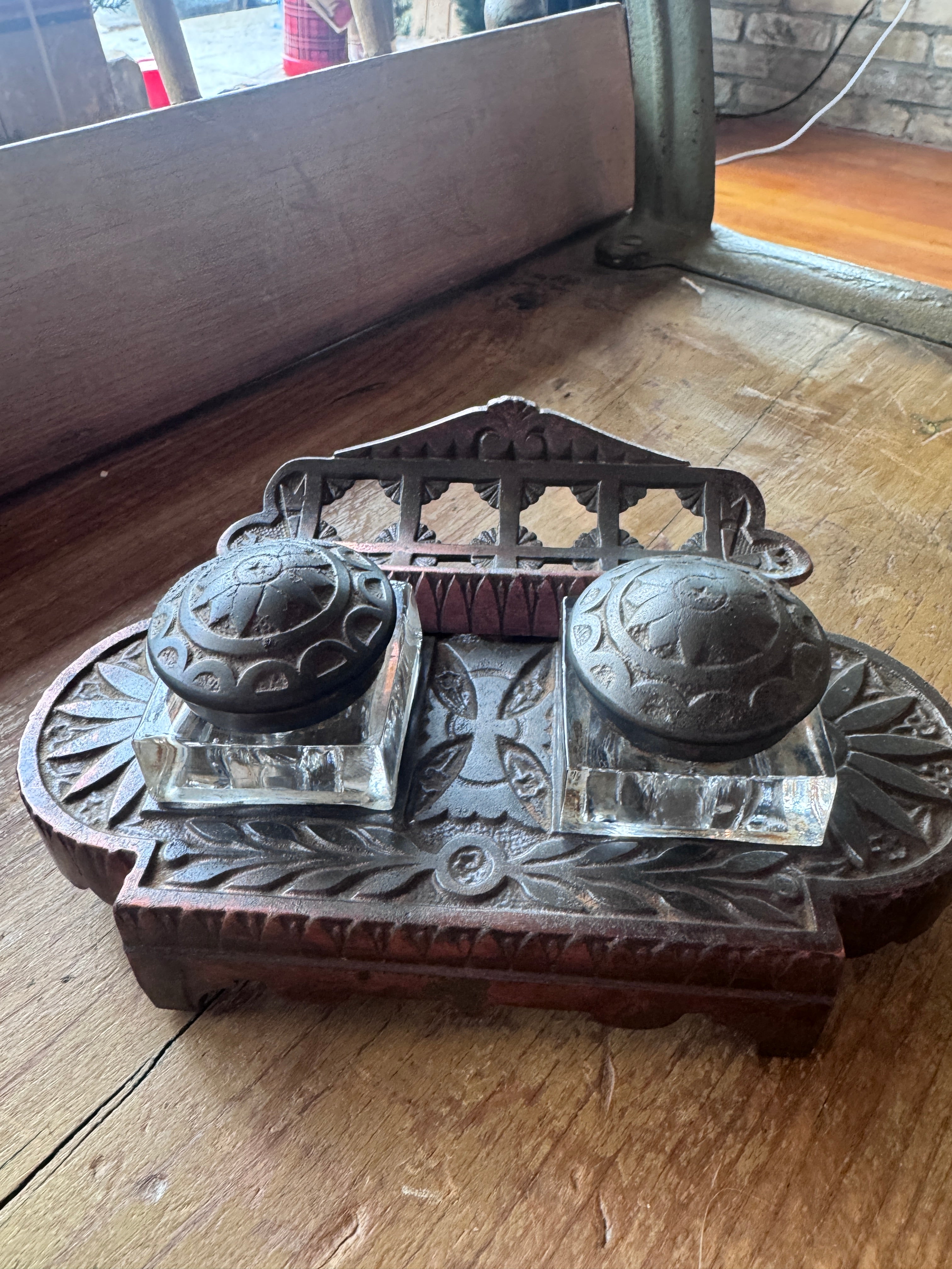 Antique Cast-Iron & Copper Double Inkwell