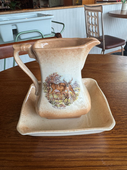1984 Hand-Painted Deer Pitcher & Bowl