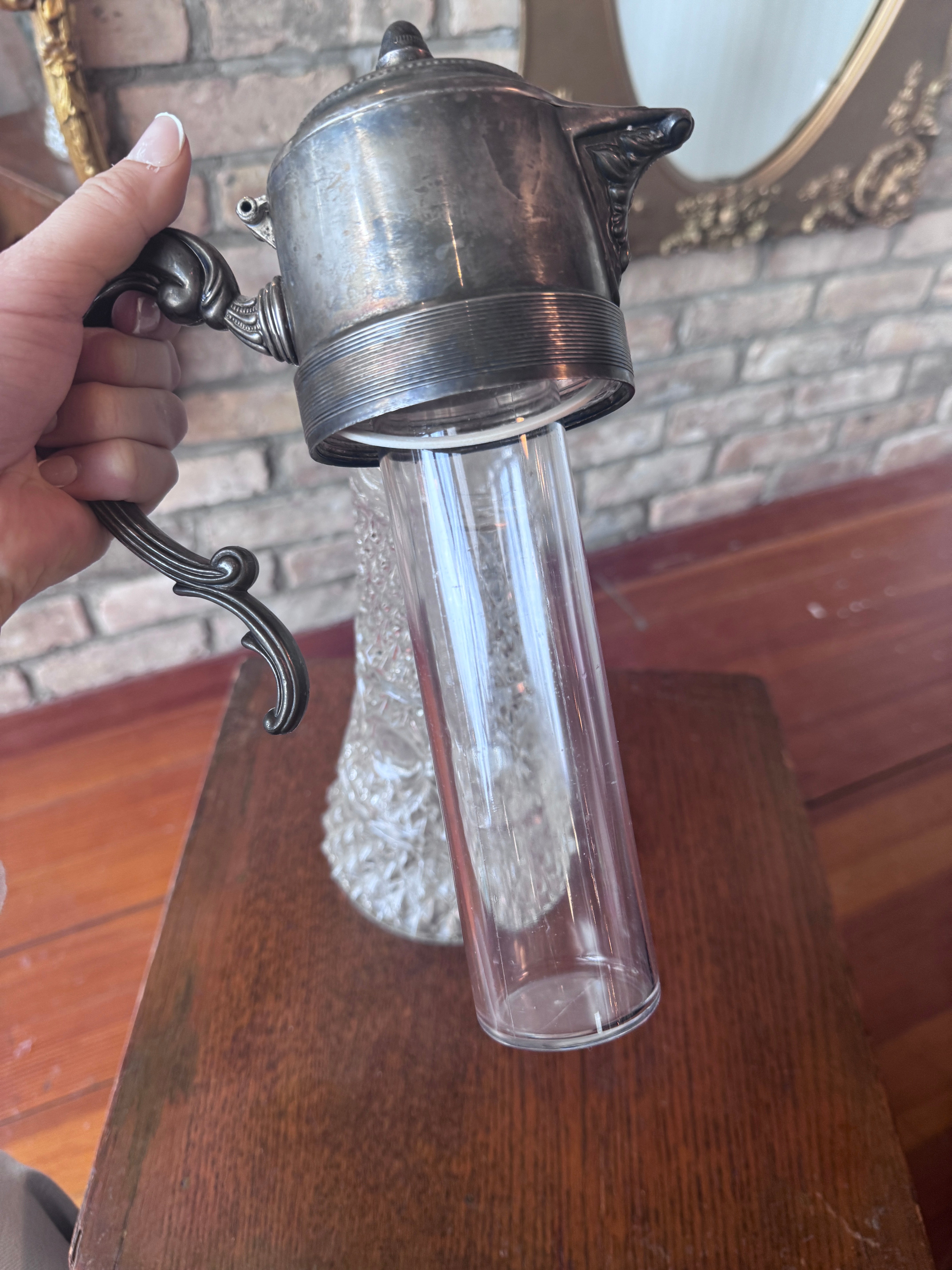 Vintage Glass Pitcher w/ Silver Plated Top & Handle