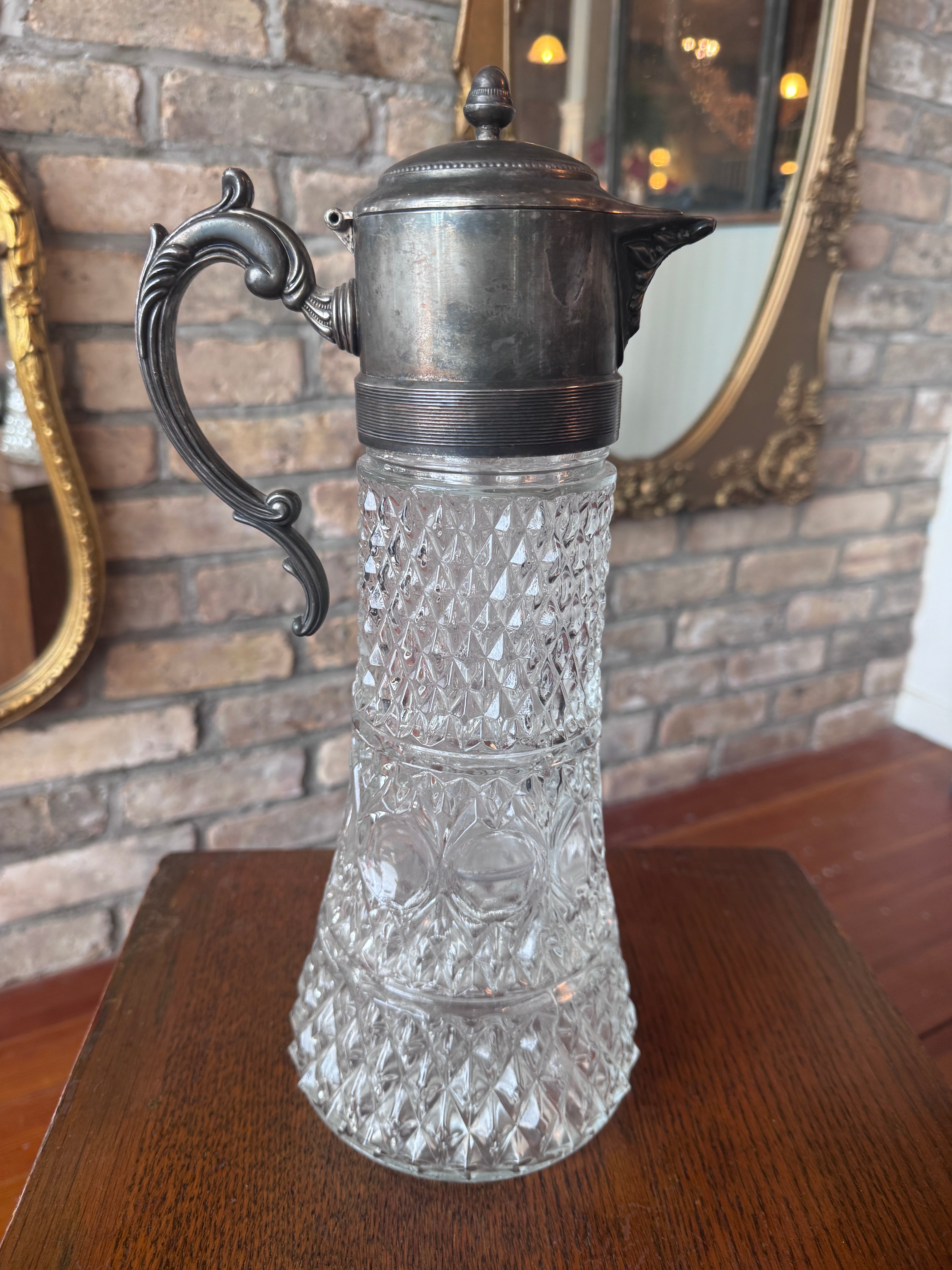 Vintage Glass Pitcher w/ Silver Plated Top & Handle