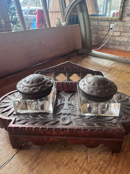 Antique Cast-Iron & Copper Double Inkwell