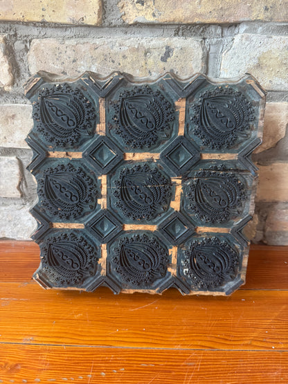 Early 1900s Wooden Textile Printing Block w/ Square Motif