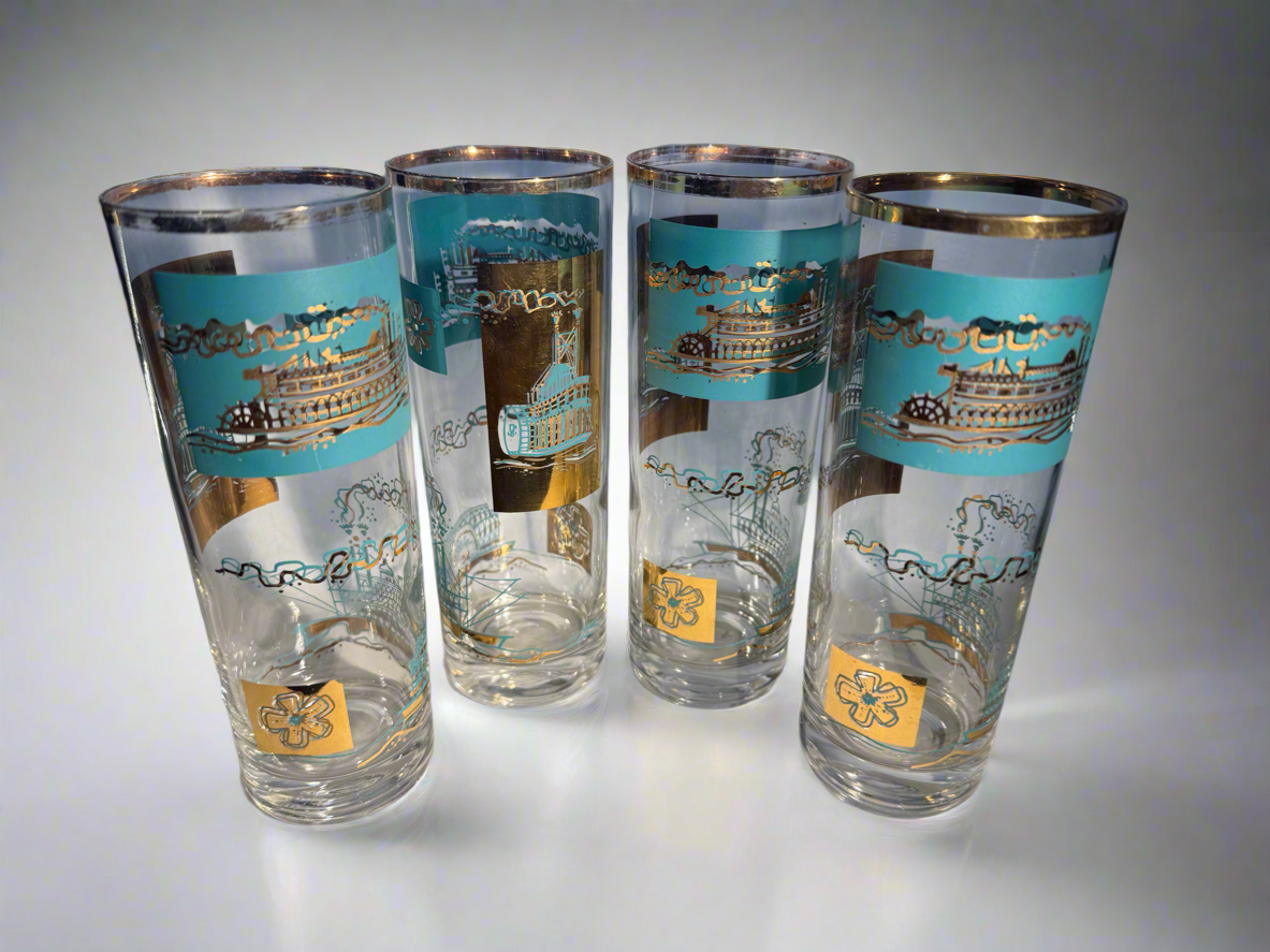 Libbey MCM Riverboat Turquoise And Gold Glasses (Set of 4)