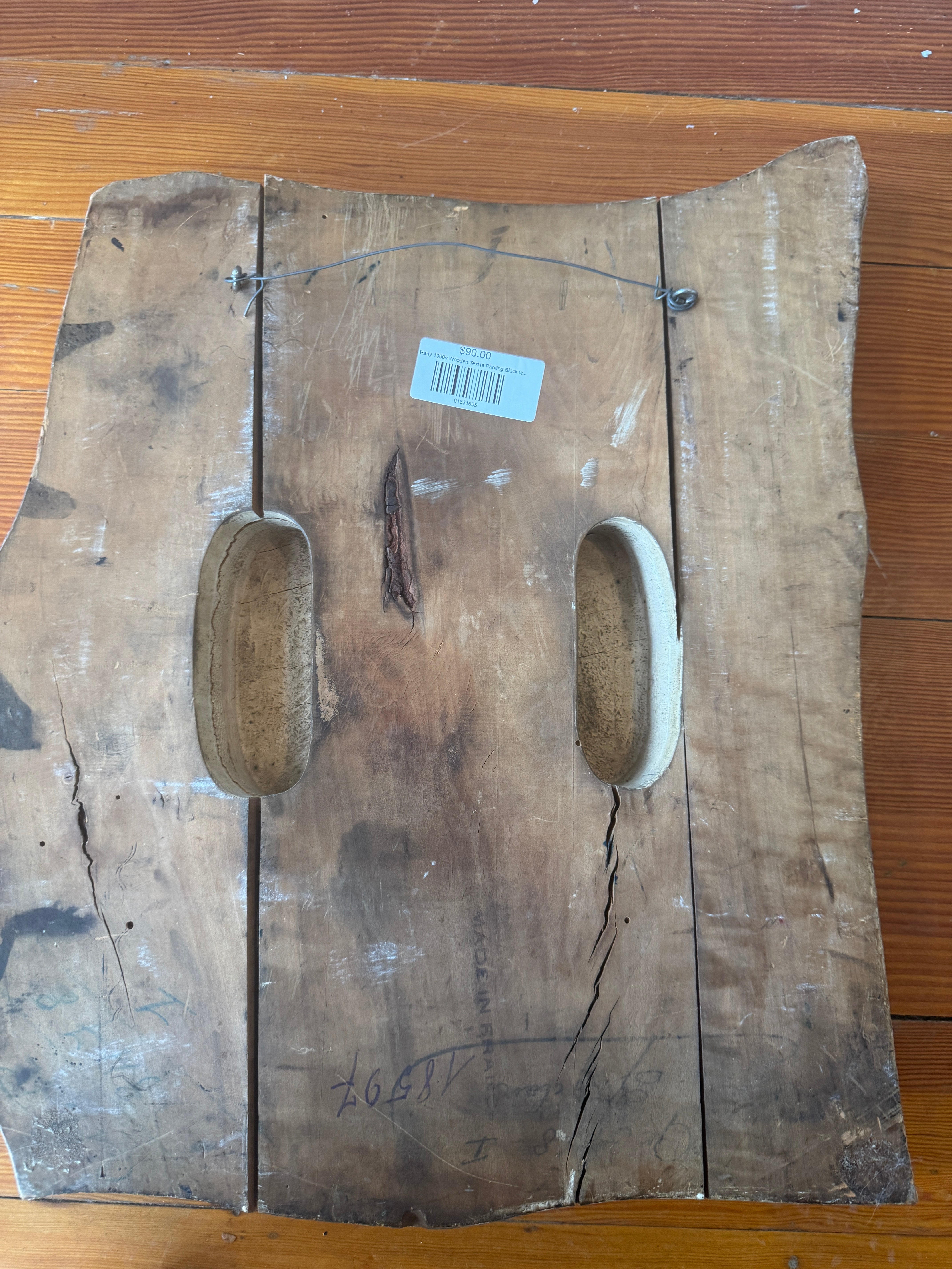 Early 1900s Wooden Textile Printing Block w/ Swoosh Motif