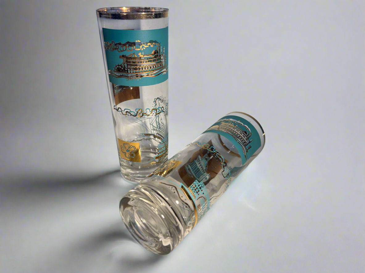 Libbey MCM Riverboat Turquoise And Gold Glasses (Set of 4)